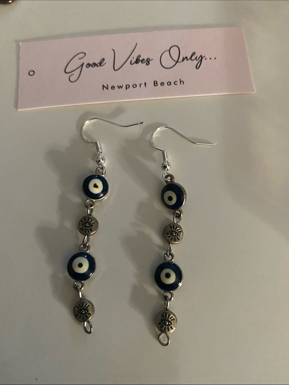 Good Vibes Only Newport Beach Navy and Silver Evil Eye Dangle Earrings